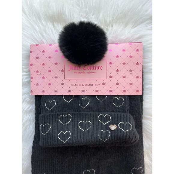 🆕 Juicy Couture Women's Black Beanie & Scarf Set Rhinestone Heart Winter - Picture 2 of 5